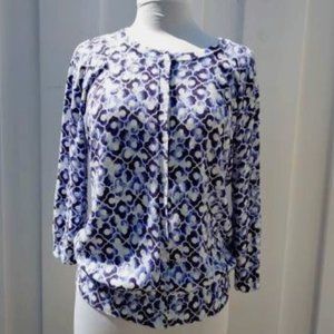 Susina Nordstrom Sweater Womens L Large White Blue Cardigan 3/4 Long Sleeve Knit